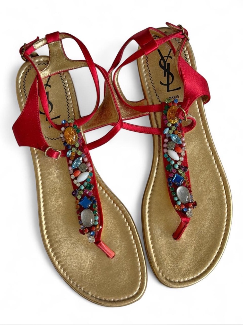 Rare Vintage YSL Jeweled Satin Thong Sandals Red Gold Size 39
